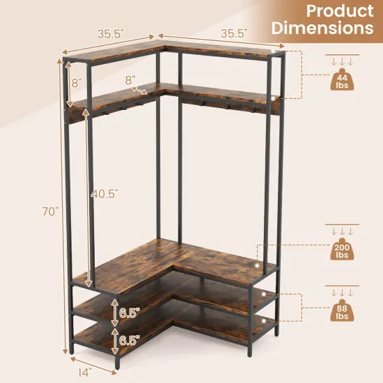 Multi-purpose Coat Rack with Open Shelves & Metal Hooks for Storage Rustic Brown {5}
