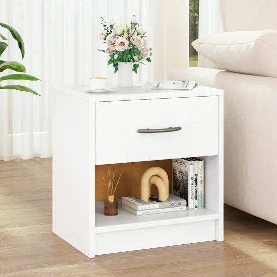 Nightstand with Drawer, Open Shelf, Modern Design and Sturdy Structure White {2}