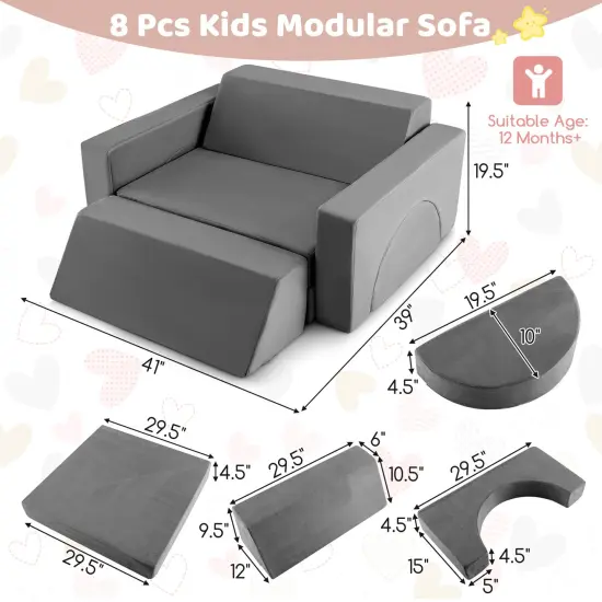 Suede Fabric Kids Modular Play Sofa and 8-Piece Play Couch with Soft Foam Gray {4}