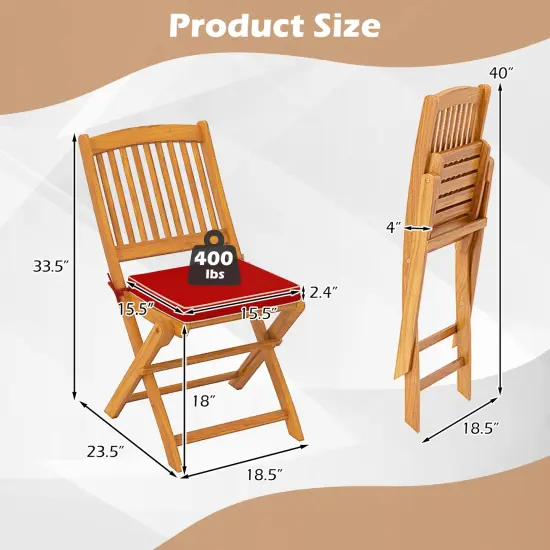 Set of 2 Armless Outdoor Folding Chairs with Seat Cushions and Slatted Backrest Red {5}