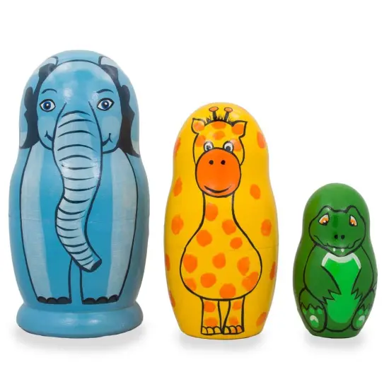 Set of 3 Elephant, Giraffe, and Alligator Wooden Nesting Dolls 4.25 Inches {1}