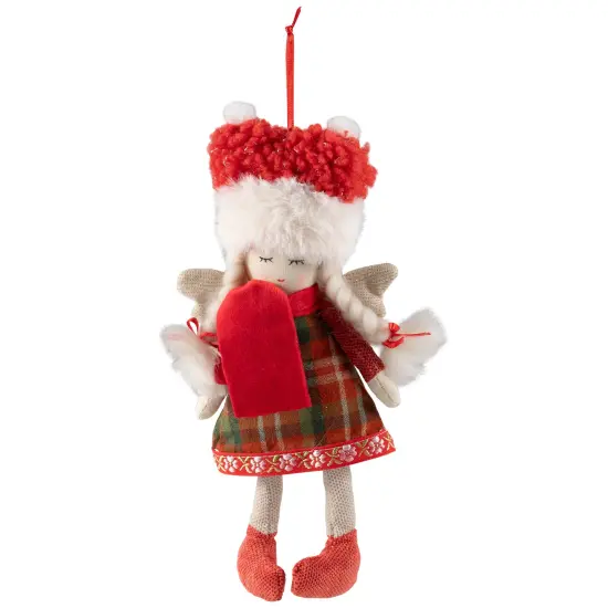 Northlight Plaid Angel Girl with Braided Pigtails Christmas Ornament - 8.5" - Red and Cream {3}