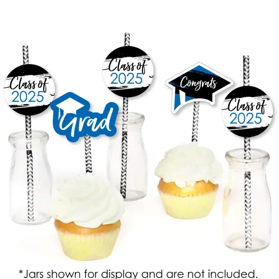 Big Dot of Happiness Blue 2025 Graduation Paper Straw Decor - Party Striped Decorative Straws - Set of 24 {6}