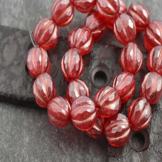*12* 10mm Copper Washed Ruby Red Luster Faceted Round Melon Beads {3}