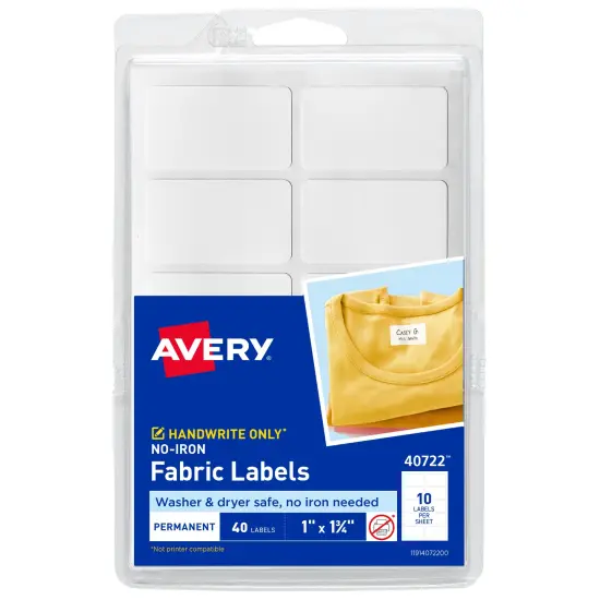 Avery No-Iron Fabric Labels, 1" x 1-3/4", Washer and Dryer-Safe Waterproof Labels, Non-Printable, 40 Blank Labels Total (40722) {1}