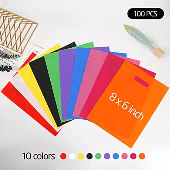 100 PCS Plastic Party Favor Bags Small Gift Bags, 6" x 8" Goodie Bags for Kids, Rainbow Party Gift Bags Bulk with Handle for Kids Birthday Party, Easter, Christmas, Halloween, 10 Colors {1}