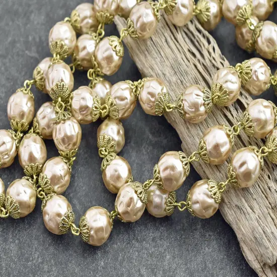 10mm Czech Glass Lt Coffee Baroque Pearl Chain w/Gold Caps -- Sold by the foot {2}