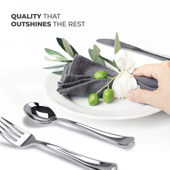 160 Pieces Silver Plastic Cutlery Disposable Silverware - 80 Forks, 40 Knives, 40 Spoons - For Catering, Parties, Dinners, Weddings, and Everyday Use {4}