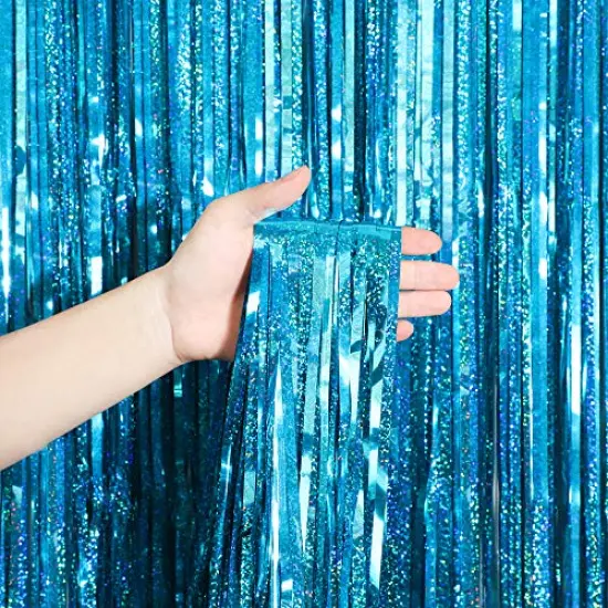 2 Pack 3.2 ft x 8.2 ft Teal Tinsel Foil Fringe Curtains Backdrop, Sparkle Metallic Foil Curtains for Birthday Party Decoration {5}
