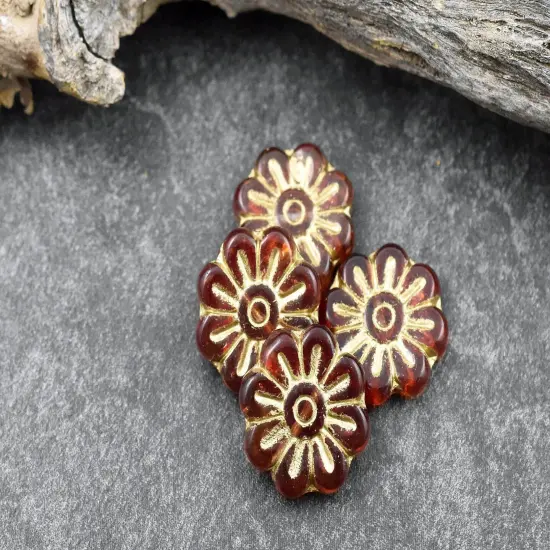 *6* 18mm Gold Wash Ruby Red Daisy Flower Beads {2}