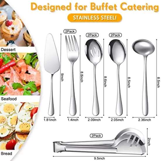 10 Pck Serving Utensils Include Large Serving Spoons Slotted Serving Spoons Serving Forks Serving Tongs Soup Ladle and Pie Server Buffet Catering Serving Utensils for Dishwasher Safe (Silver,10 Pieces) {1}