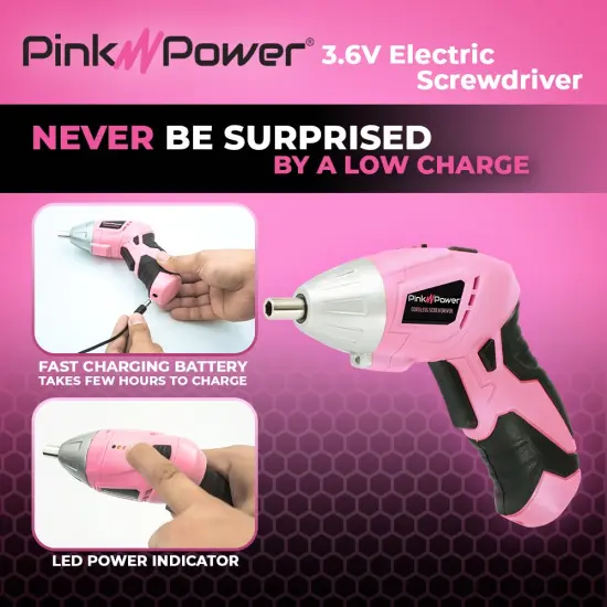 Pink Power Cordless Screwdriver Set - 3.6V Electric Screwdriver Rechargeable Screw Gun Kit - Automatic Mini Pink Drill Set for Women - Portable Small Drill Battery Powered Screwdriver LED Light {4}