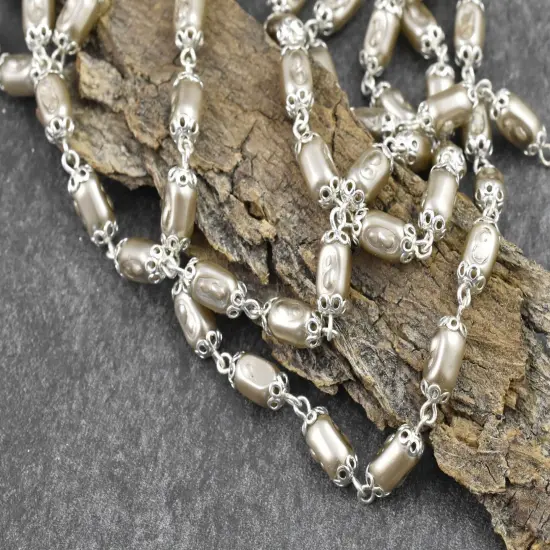 10x5mm Czech Glass Satin Taupe Pearl Chain w/ Bright Silver -- Sold by the foot {4}