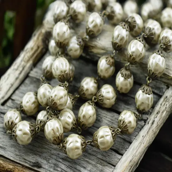 10mm Czech Glass Satin Taupe Baroque Pearl Chain with Antique Bronze Caps -- Sold by the foot {2}