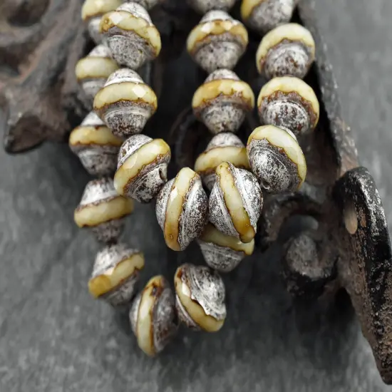 *15* 8x10mm Silver Picasso Washed Opaque Beige Saturn Beads {2}