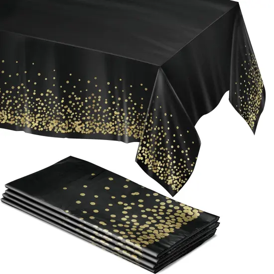 4 Pack Black and Gold Table Cloths for Parties, 54"x108" - Gold Dot Plastic Tablecloths, Black Tablecloth, Black and Gold Party Decorations, Paper Tablecloth for BBQ, Party, Fine Dining, Wedding {2}