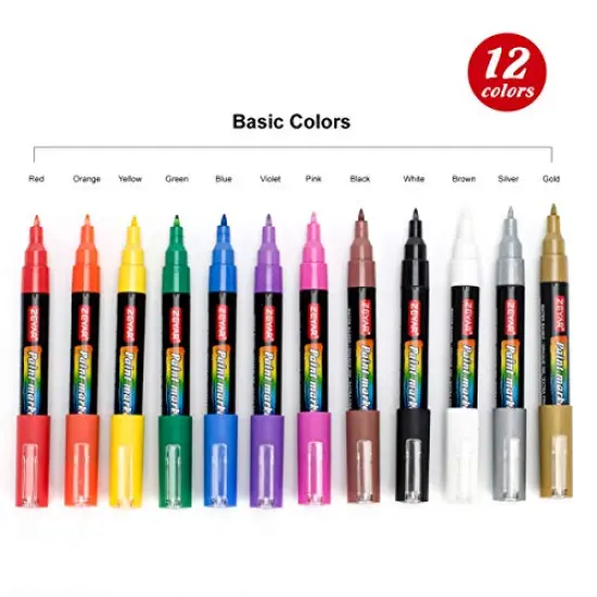 12 colors Acrylic Paint Marker Pens, Extra Fine Point, Nylon Tip, 12 colors, Water based, Expert of rock painting, Water and Fade Resistant, Non-toxic {1}