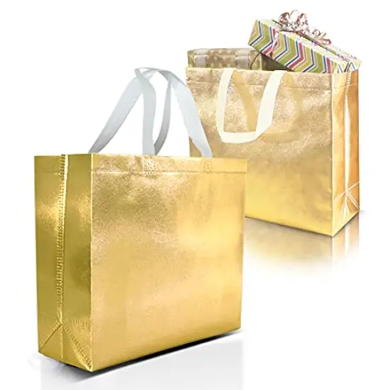 15 Pieces Gold Gift Bags Large Size &ndash;Reusable Gold Gift Bags With White Handles - Perfect As Christmas Gift Bags, Goodie Bags, Birthday Gift Bags, Party Favor Bags &ndash;13Wx5Dx11H {2}