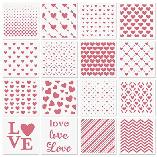 6x6 in Hearts Love Cookie Stencils for Royal Icing, Valentine Stencils for Sugar Cookie, 16 Pcs Reusable Plastic Biscuit Stencils with Assorted Sizes Heart Shapes Love Letters for Fondant Candy Baking {1}