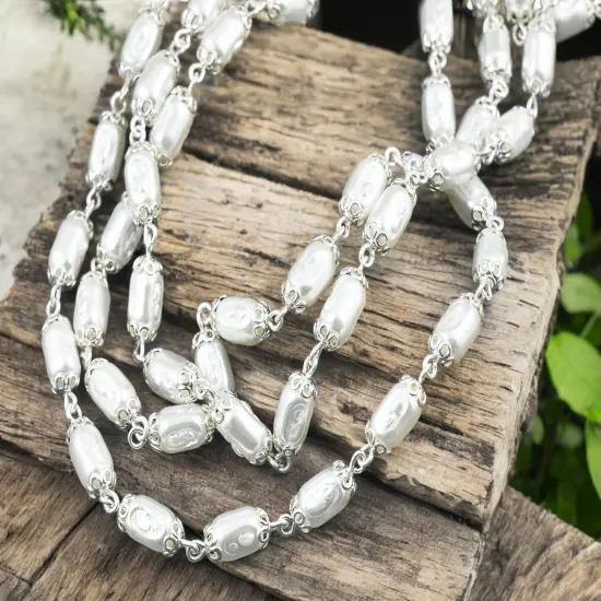 10x5mm Czech Glass White Pearl Chain w/ Bright Silver -- Sold by the foot {1}