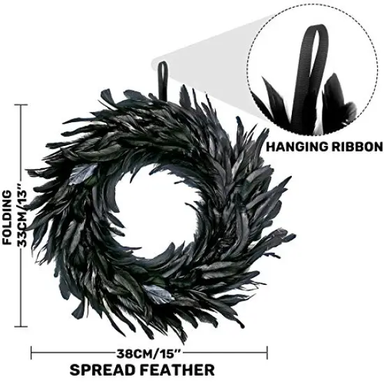 Black Feather Wreath Halloween Wreath 14.9'' Black Natural Cocktail Feather Wreath, Halloween Photo Props, Front Door Decor Witch Spooky Scene Halloween Party Decorations {1}