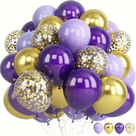 60 PCS Latex Balloons Set with Gold Confetti - Purple & Gold {1}