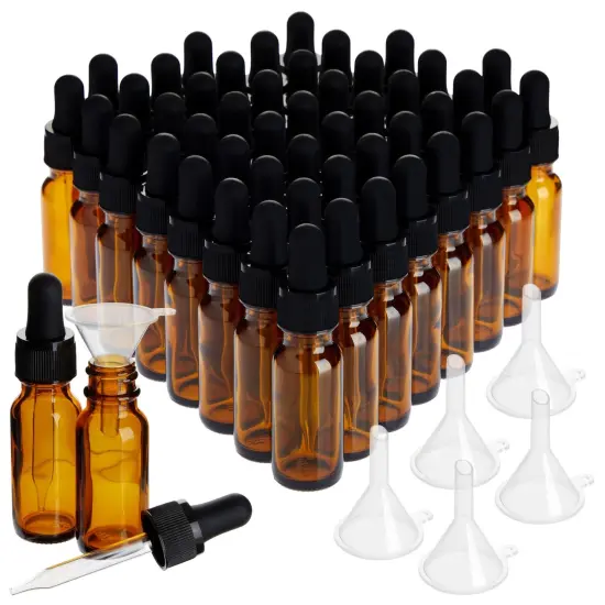 48 Pack .5 oz Amber Glass Bottles with Dropper Dispenser and 6 Funnels for Essential Oils, Aromatherapy, Liquids (54 Total Pieces, 15ml) {1}