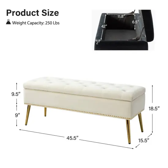 Upholstered Velvet Storage Bench with Tufted Seat and Gold Metal Legs Ivory {4}