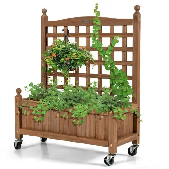 Dark Brown Fir Wood Plant Trellis Planter with Lockable Wheels and Deep 6.5" Planting Bed {2}