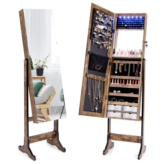 Costway Jewelry Cabinet Armoire Full Length Frameless Mirror Lockable with Lights White/Black/Rustic Brwon {8}