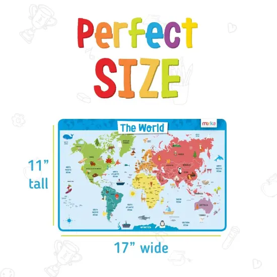 merka Kids Placemat Kids World Map Kids Placemats For Dining Table World Atlas Map Countries Continents and Oceans Non-Slip Reusable Placemats {4}