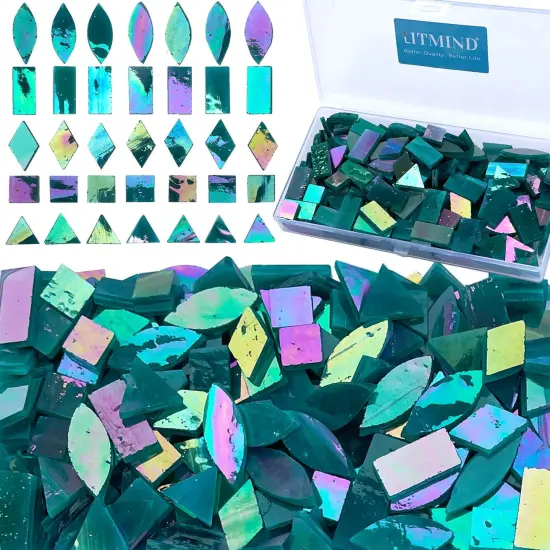 LITMIND Turquoise Iridescent Stained Glass Mosaic Tiles for Crafts - 240 Pieces, 5 Shapes Mixed (Rectangle, Triangle, Rhombus, Square, Leaf) - Ideal for Mosaic Making Projects and Beginners {1}