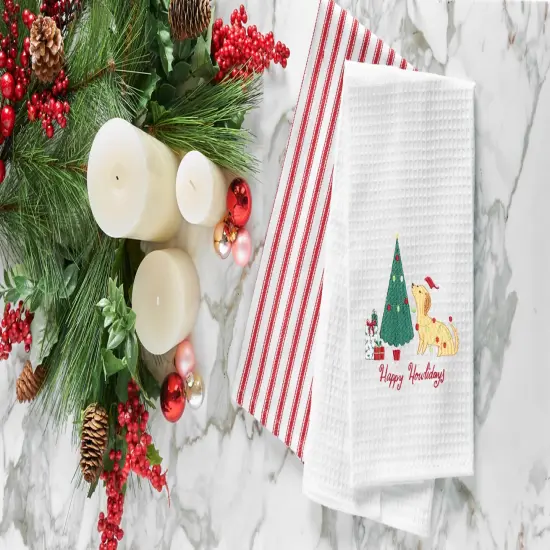 Christmas "Happy Howlidays" Dog with Christmas Tree Cotton Embroidered Waffle Weave Kitchen Dish Towel {4}