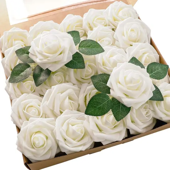 25pcs Fake Ivory White Roses Artificial Rose Heads with Stems Lifelike Foam Flowers DIY Wedding Bouquets Wedding Party Decor {1}