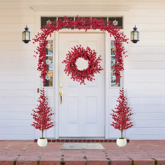 Set of 5 Christmas Red Berries 41"H Porch Tree & 6ft Garland & 25"D/14"D Wreath Set {8}