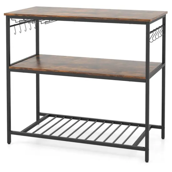 3 Shelves Kitchen Island Industrial Prep Table with Bottom Wine Rack-Rustic Brown {1}