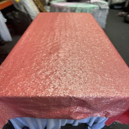 1 Yard Rectangle Sequin Taffeta Tablecloth 55 x 108 Inches Shiny Polyester Linen for Events and Weddings Coral {1}
