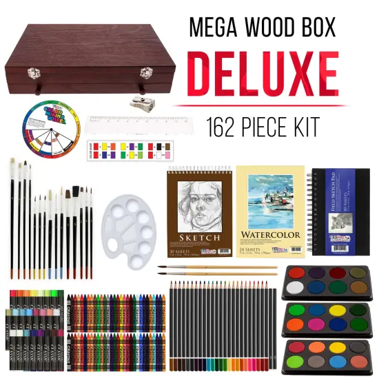 U.S. Art Supply 162-Piece Deluxe Mega Wood Box Art Painting & Drawing Set - Artist Painting Pad, 2 Sketch Pads, Watercolors, Colored Pencils, Crayons {2}