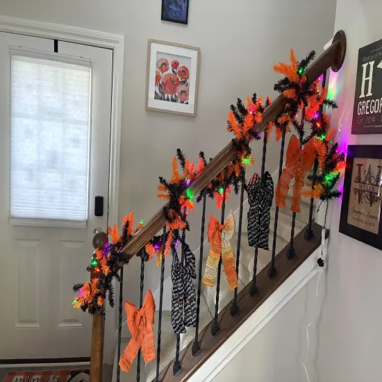 Tree Buddees Halloween Garland with Lights 9 Foot Long Black and Orange Pre-lit LED Mantle Decoration {4}