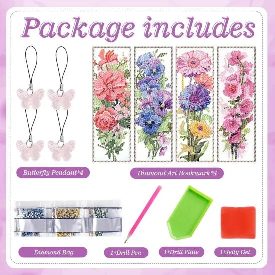 4pcs Flower Diamond Art Bookmarks Kit Floral Diamond Bookmarks {2}