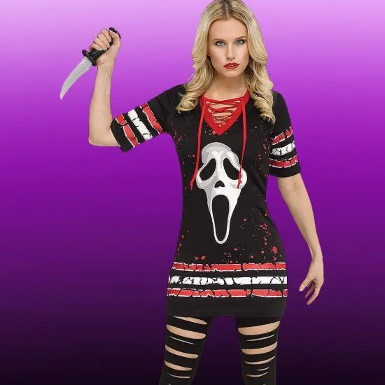 Ghost Adult Face Dress Costume Lace Up Neck Medium Fits {2}