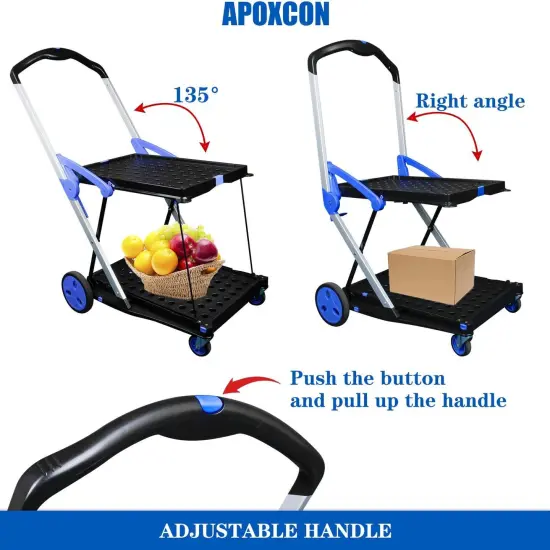 Shopping Cart with 2 Storage Crates, Multi Use Two Tier Collapsible Cart with 360&deg; Rolling {4}