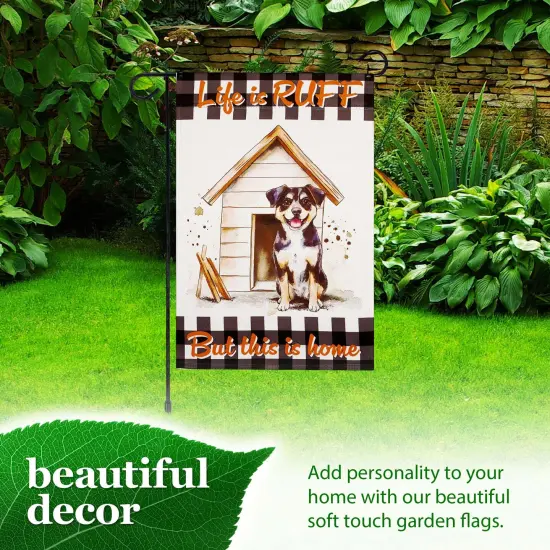 G128 Combo Pack: Garden Flag Stand Black 36x16IN & Garden Flag Life is Ruff Dog House Printed 12x18IN Double Sided Yard Lawn Decoration {6}