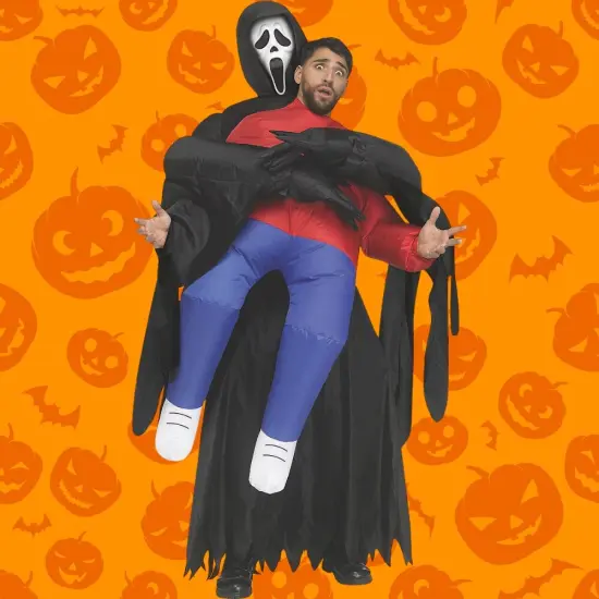 Adults Inflatable Piggyback Ghost Face Costume with Fan and Halloween Crowd {2}