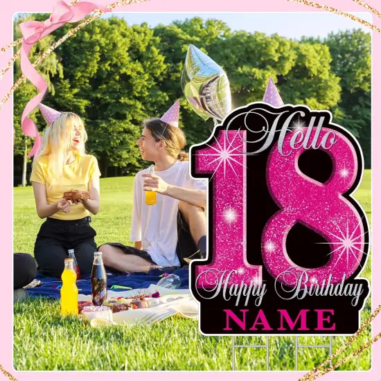 18th Birthday Decorations for girls &ndash; 35" Happy 18 Birthday Yard Sign, Personalized with Custom Name, Glitter Waterproof Lawn Decor & Stakes for Outdoor Party {2}