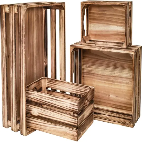 Large Wooden Crates Set of 4 Decorative Storage Box with Handles, Rustic Torched Brown Farmhouse Wooden Crates for Display, Organizer Container Baskets Box for Kitchen, Pantry, Bedroom {1}