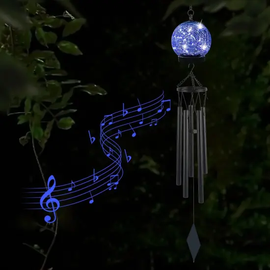 Wind Chimes Outdoor Solar Lights, 42 Inch Large Sympathy Chime 15 Blue LEDs Crackled Glass Ball Birthday Gifts for Women Decorative Hanging in Garden, Yard, Patio, Landscape {2}