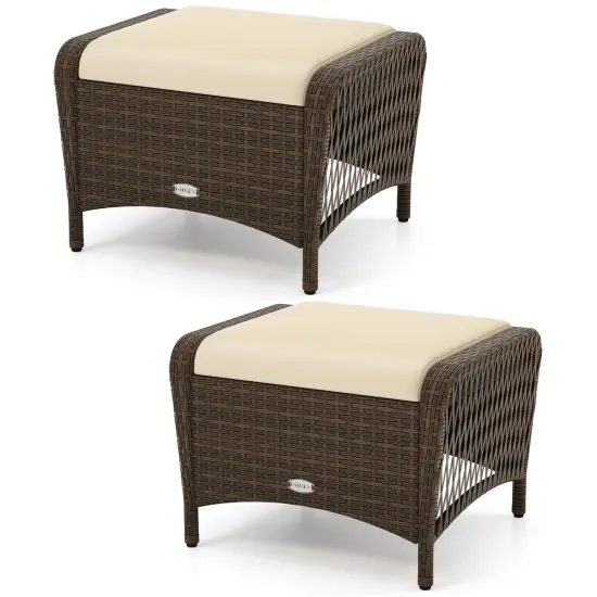 Set of 2 Outdoor PE Wicker Ottomans with Removable Cushions and Metal Frame Beige {4}