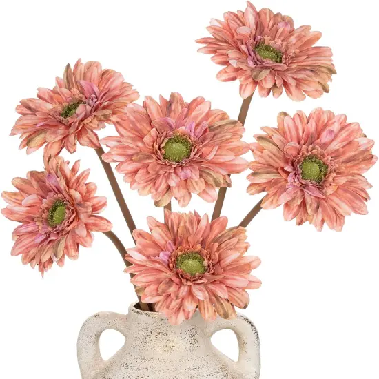 Summer Gerbera Daisy Flowers Artificial Stems 6PCS Realistic Faux Daisy Flower for Tabletop Decor ,Home Decor Indoor Tables Bathroom Vase, DarkSalmon {1}