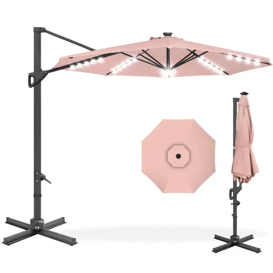 Best Choice Products 10ft 360-Degree Solar LED Lit Cantilever Patio Umbrella, Outdoor Hanging Shade Rose Quartz {1}